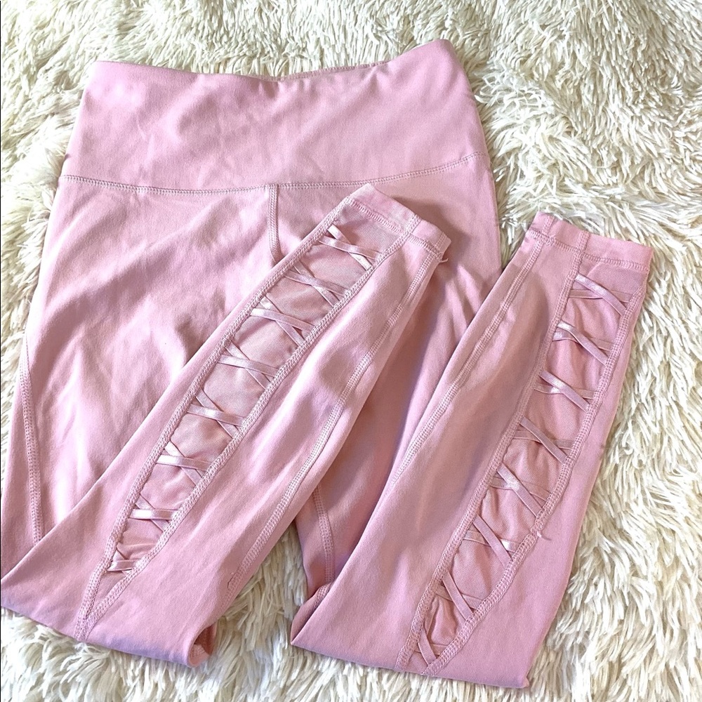 Yogalicious Lux Ballet Pink Leggings XS Lace Up Detail on Calf. Workout/Exercise